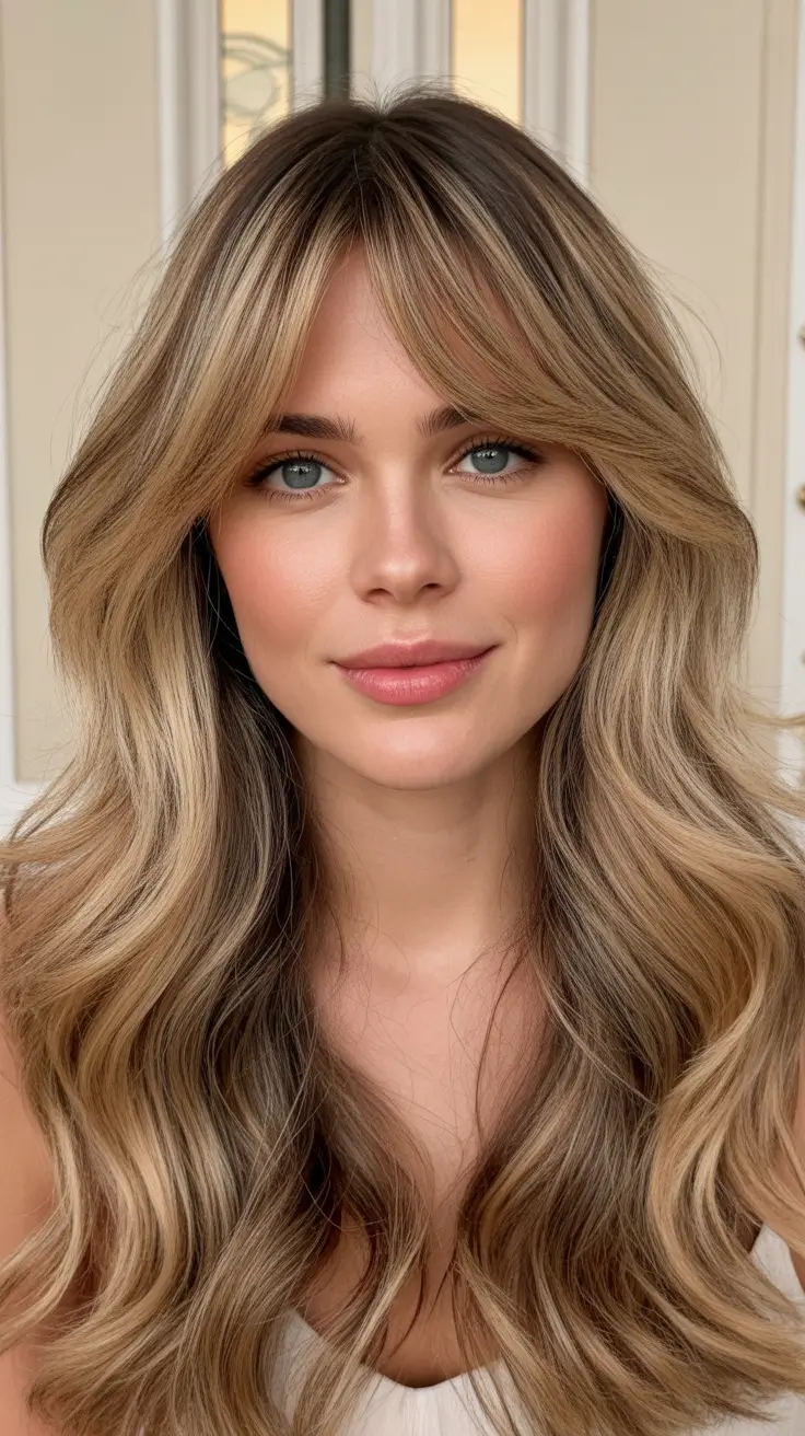 winter hair colors 2025-2026 Soft Beige Balayage with Curtain Fringe