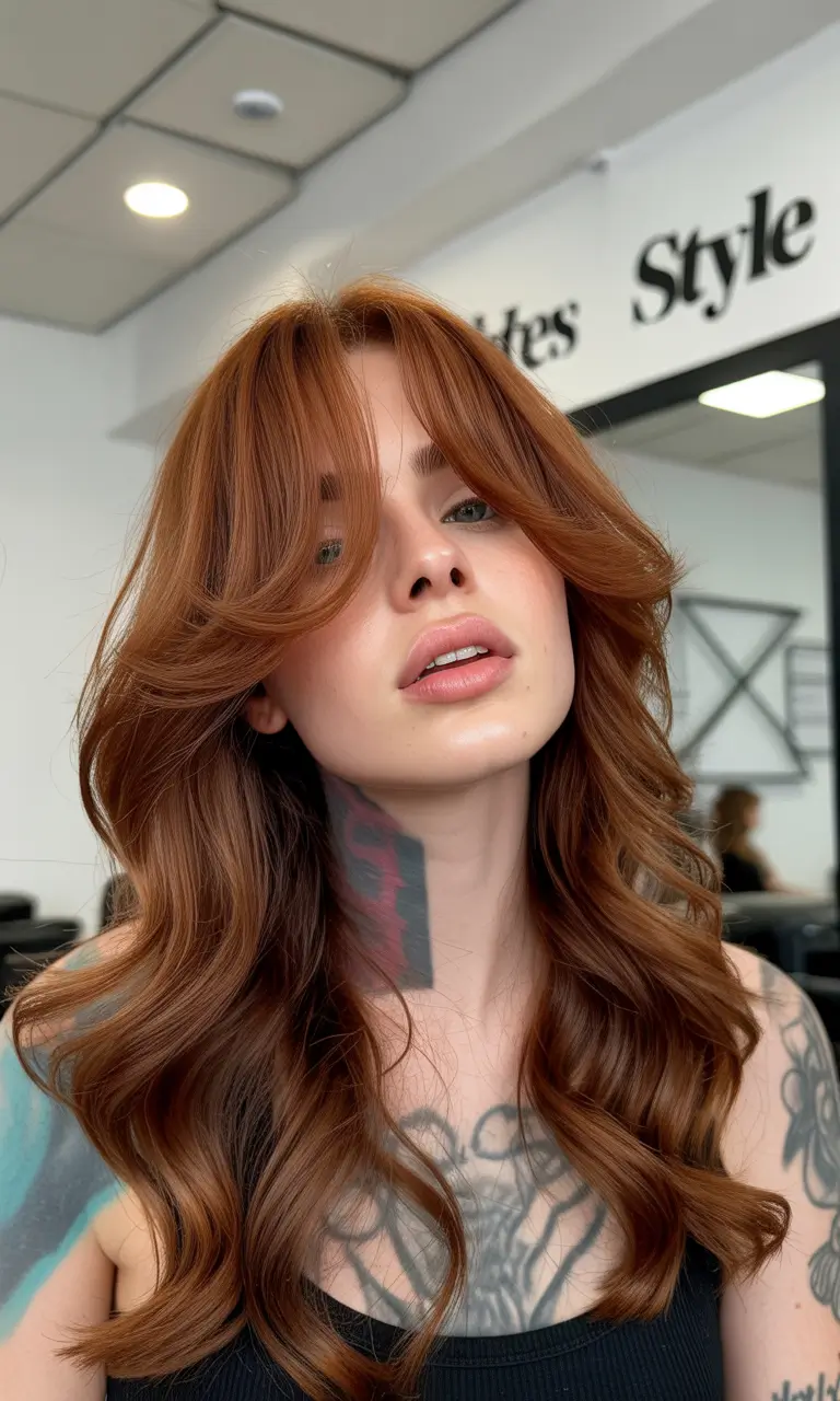 winter hair colors 2025-2026 Chestnut Waves with Modern Layers