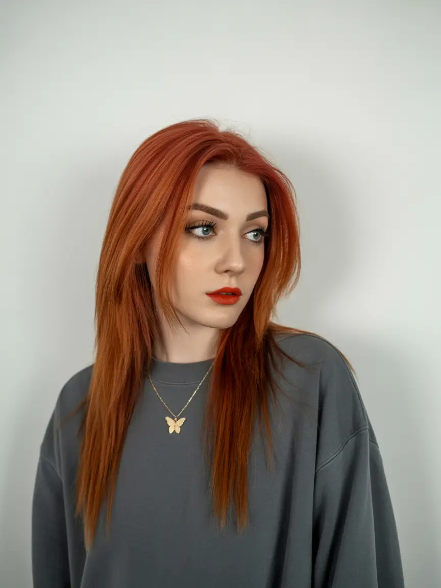 winter hair colors 2025-2026 Fiery Straight Red with Sleek Finish