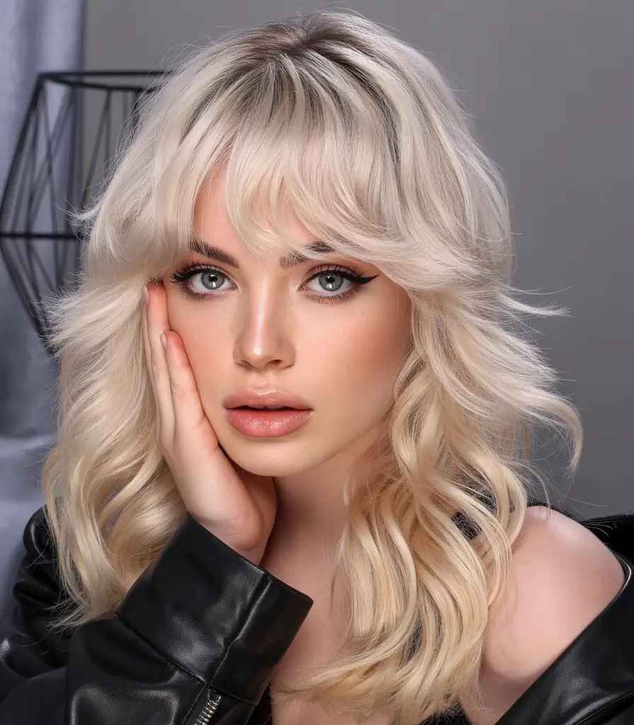 winter hair colors 2025-2026 Platinum Blonde Waves with Modern Fringe