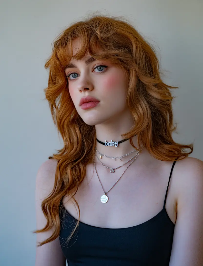 winter hair colors 2025-2026 Romantic Red Layers with Baby Bangs