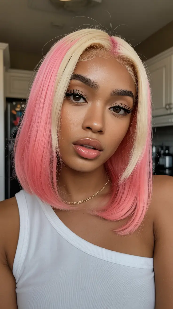 winter hair colors 2025-2026 Blonde and Pink Money Piece Bob