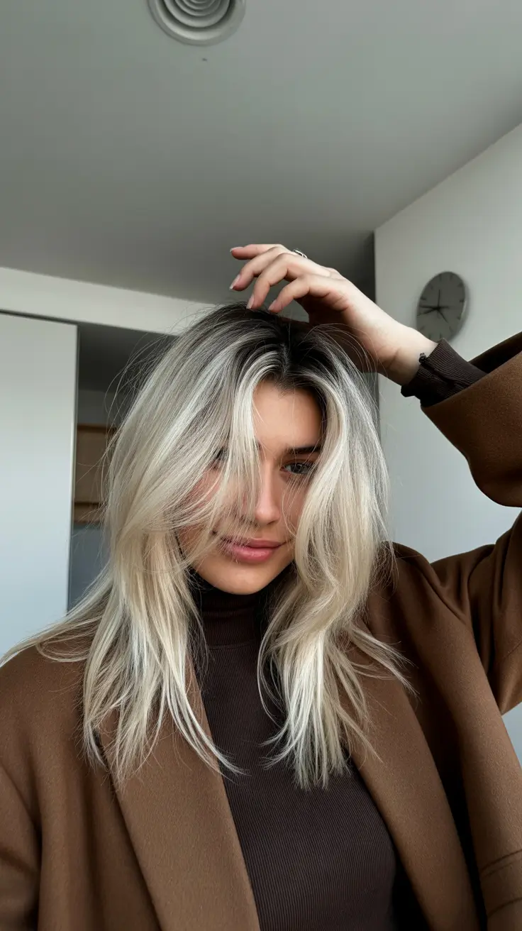 winter hair colors 2025-2026 Cool Blonde Layers with Curtain Bangs