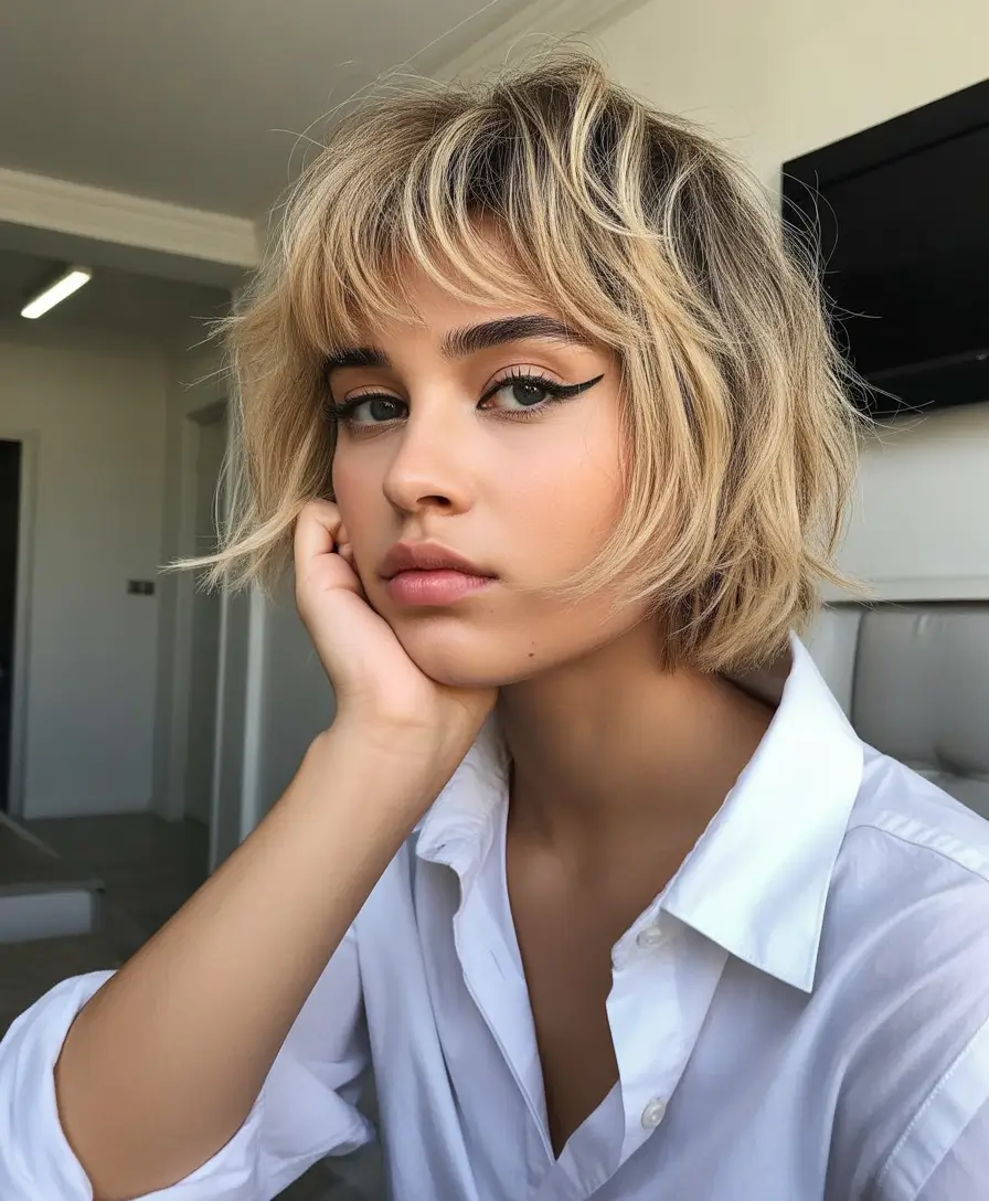 winter hair colors 2025-2026 Textured Blonde Bob with Feathered Bangs