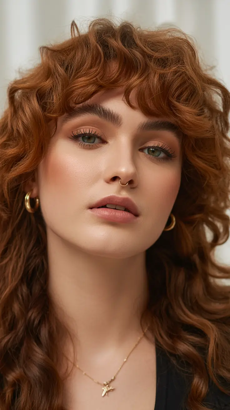 winter hair colors 2025-2026 Warm Copper Curls with Retro Bangs