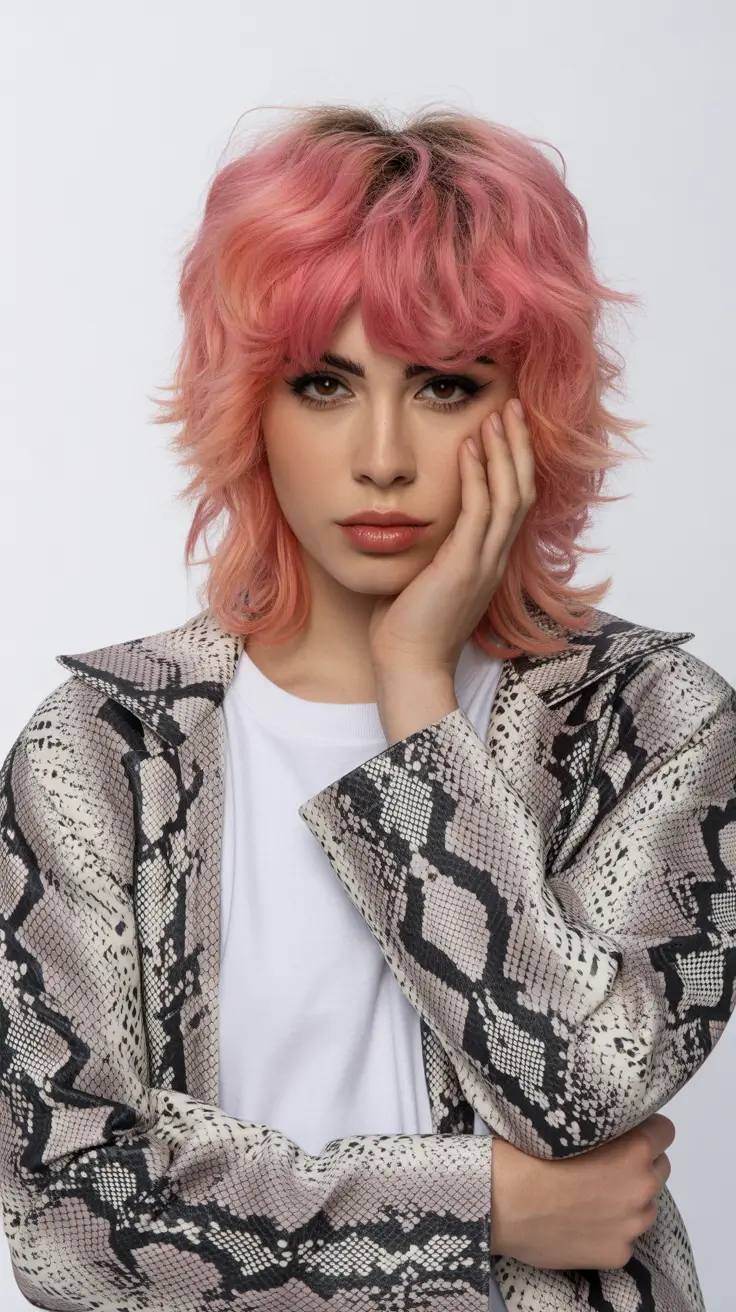 winter hair colors 2025-2026 Edgy Rose Shag with Dark Roots