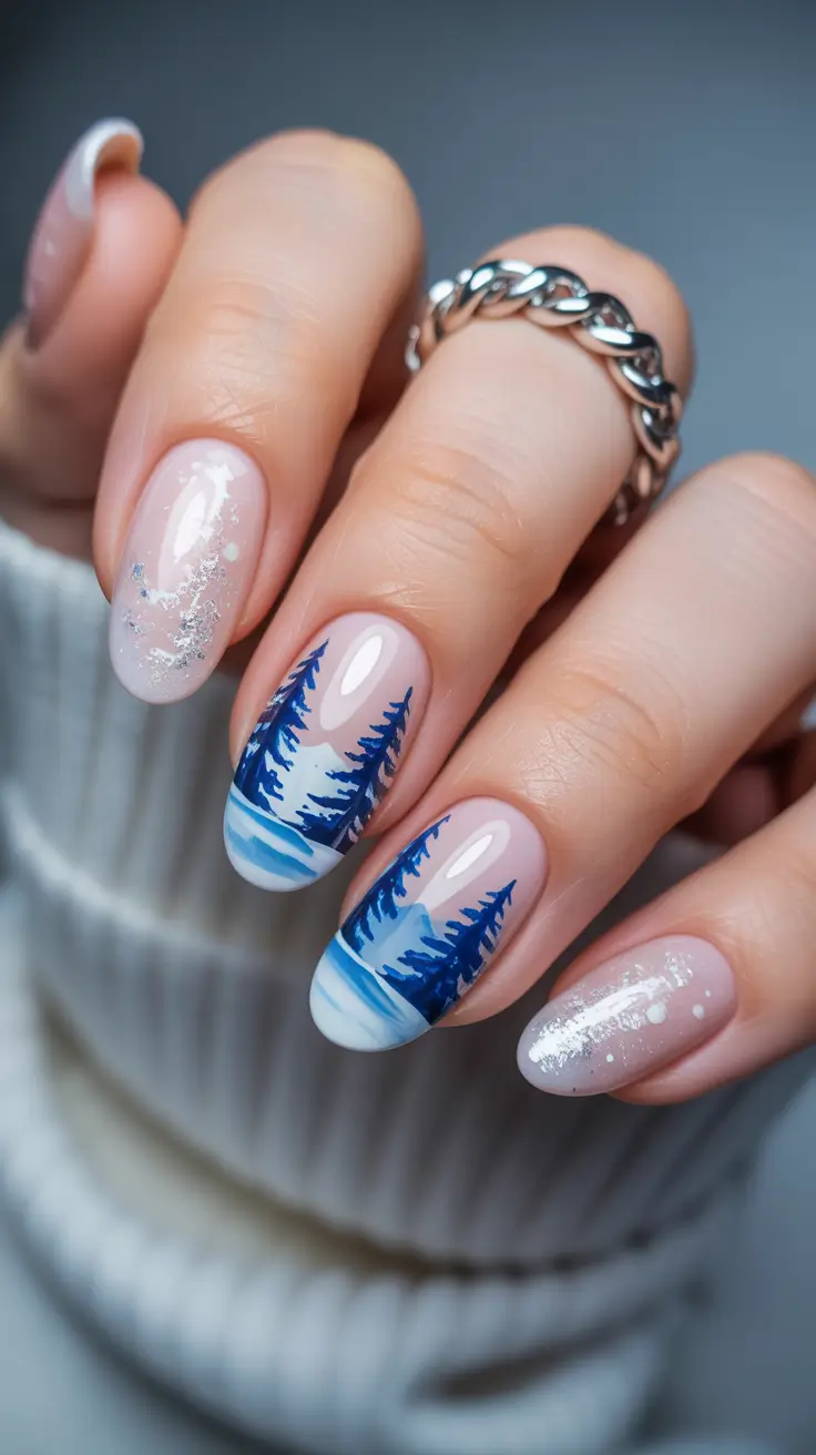 Chic Winter Nail ideas 2025-2026 Frosted Pine Serenity