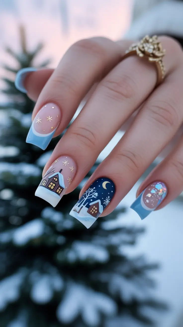 Chic Winter Nail ideas 2025-2026 Starry Winter Village