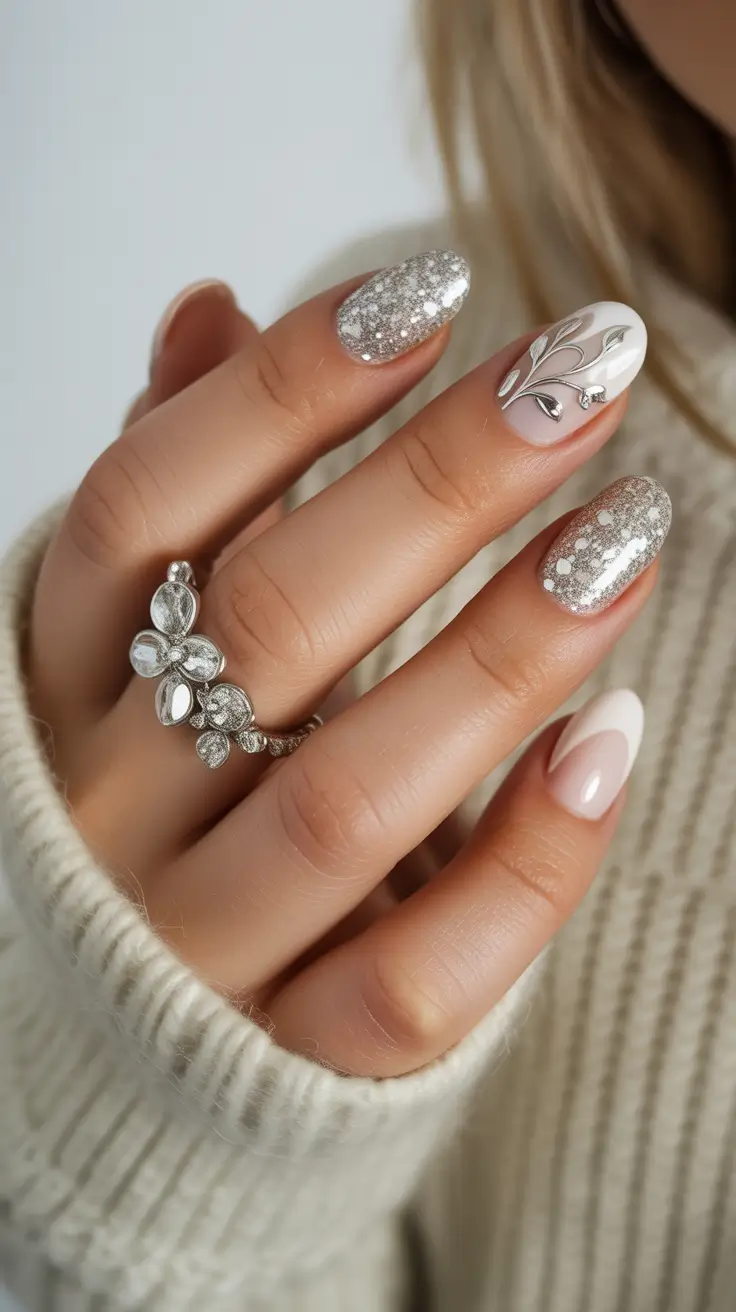 Chic Winter Nail ideas 2025-2026 Silver Petal Glamour