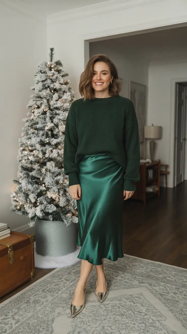 christmas outfit 2025 Emerald Elegance: Satin & Knit Harmony