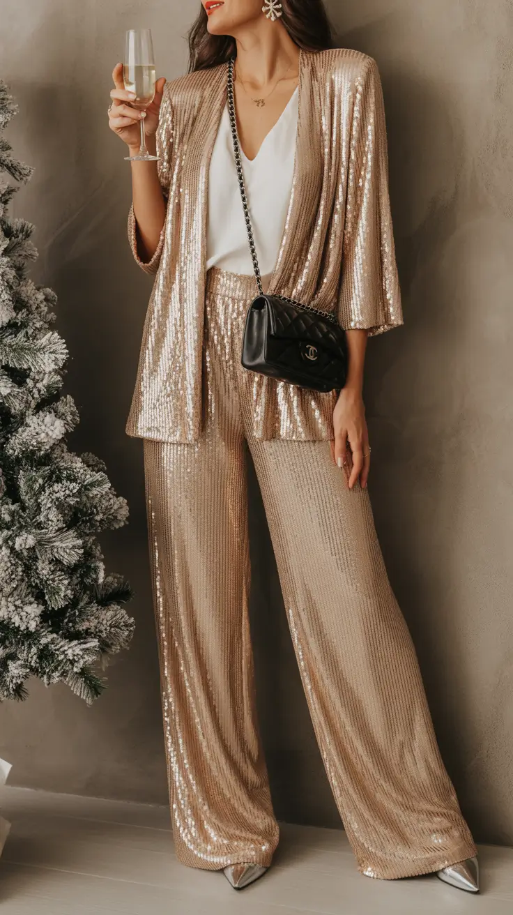 christmas party outfits 2025 Golden Glamour in Motion