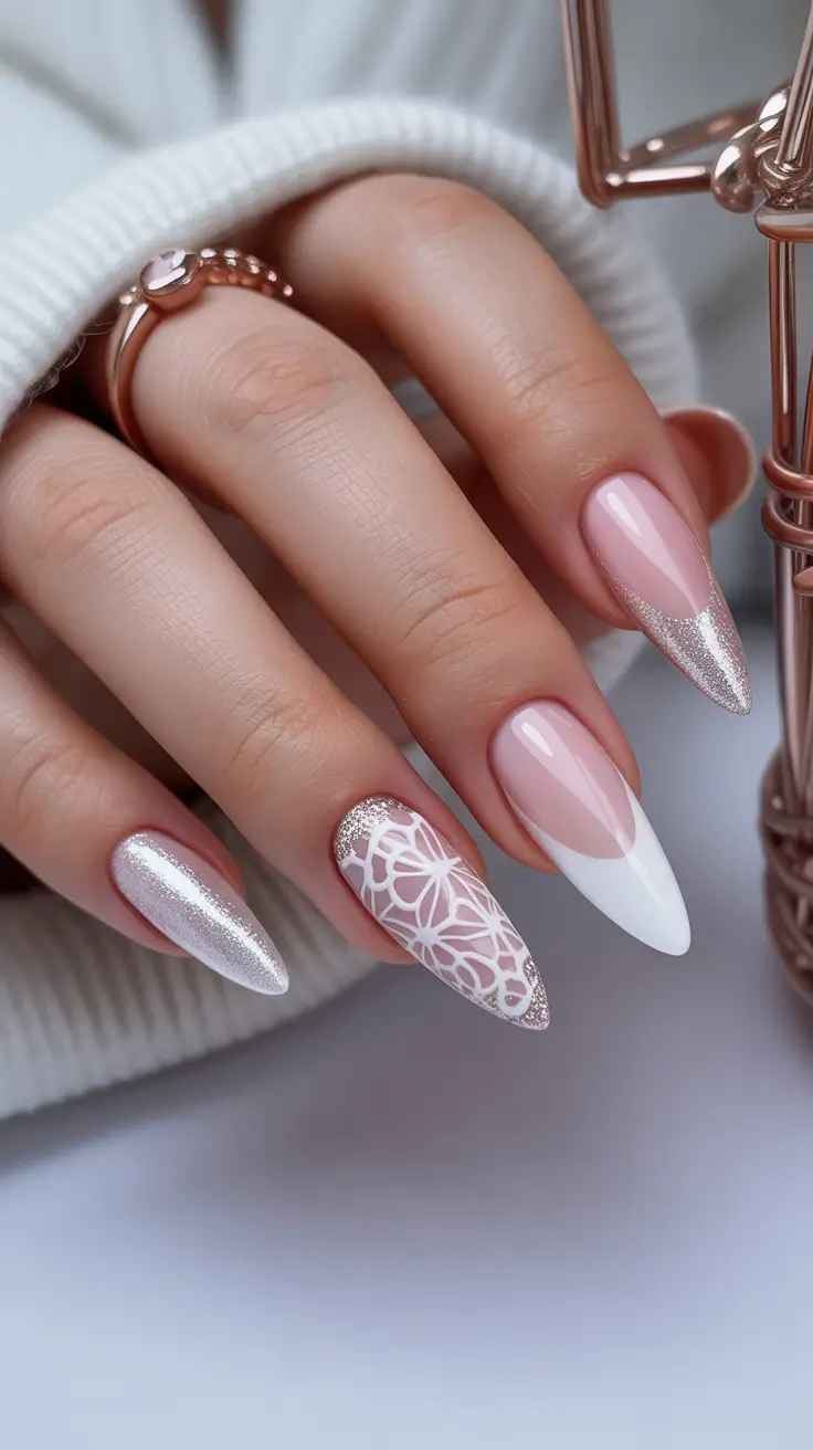 Classy Winter Nails 2025-2026 Champagne Lace and French Shine