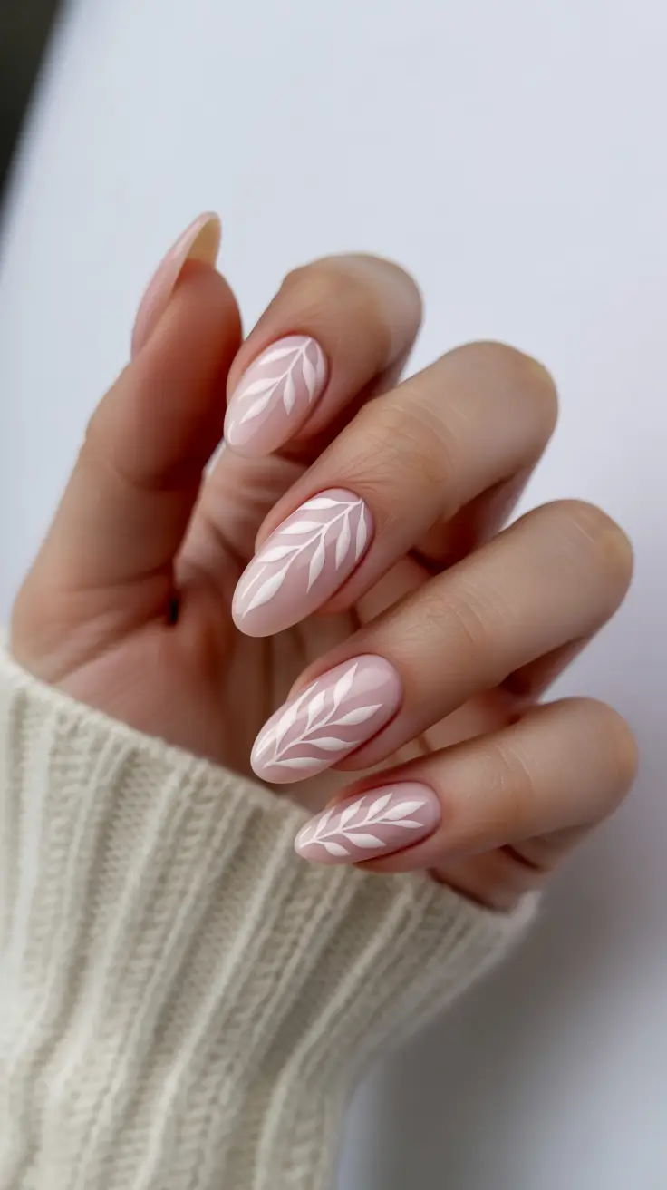 Classy Winter Nails 2025-2026 Natural Nude with Winter Leaves