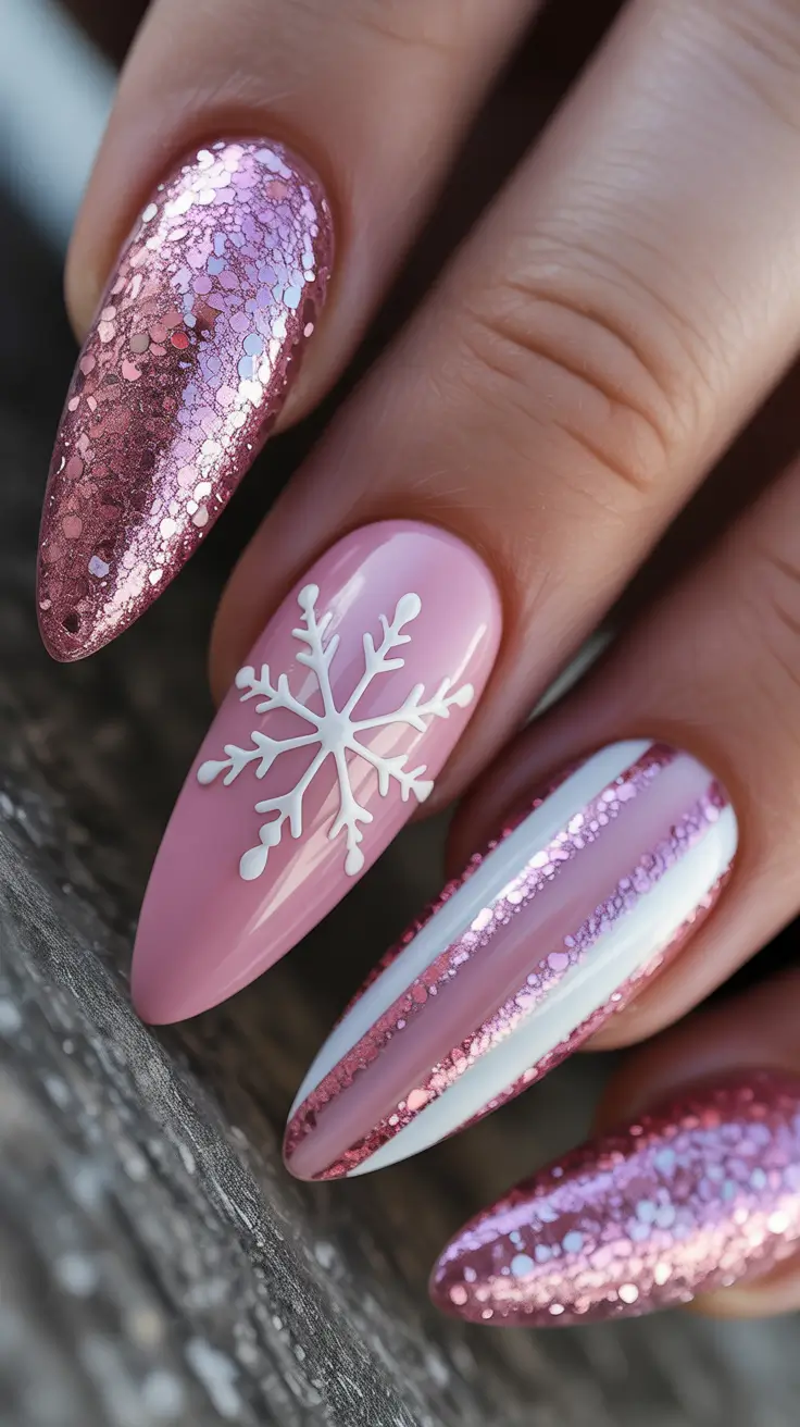 Classy Winter Nails 2025-2026 Frosty Pink Glitter Charm