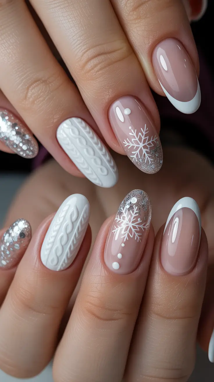 Classy Winter Nails 2025-2026 French Twist with Winter Knit Detail