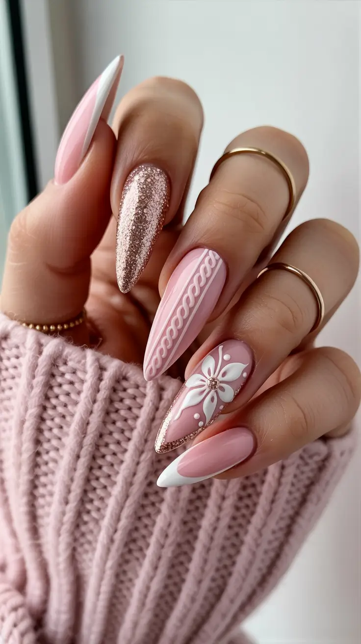 Classy Winter Nails 2025-2026 Pink Velvet Dream with Floral Detail