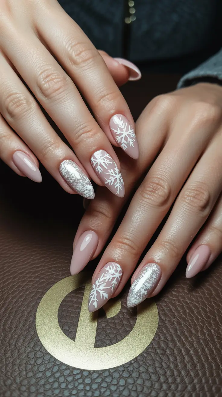 Classy Winter Nails 2025-2026 Delicate Snowflake Nude Elegance