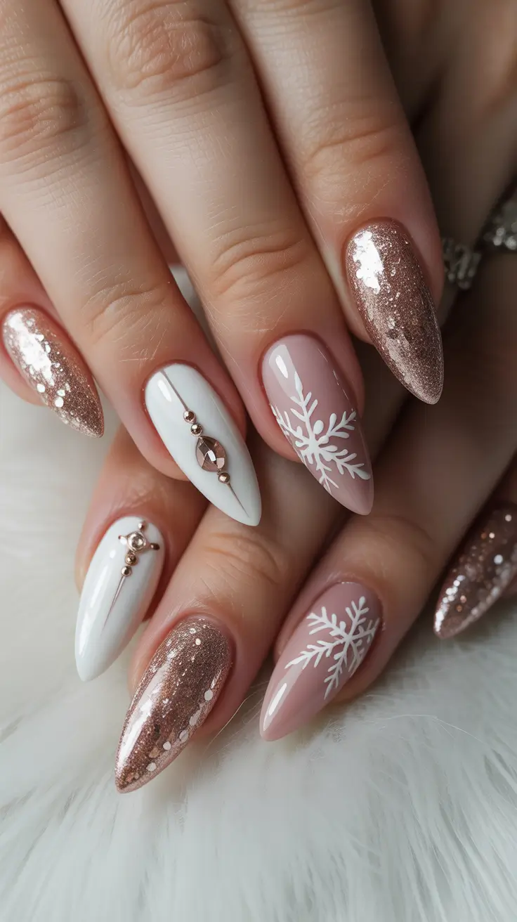 Classy Winter Nails 2025-2026 Rose Gold Frost with White Accents