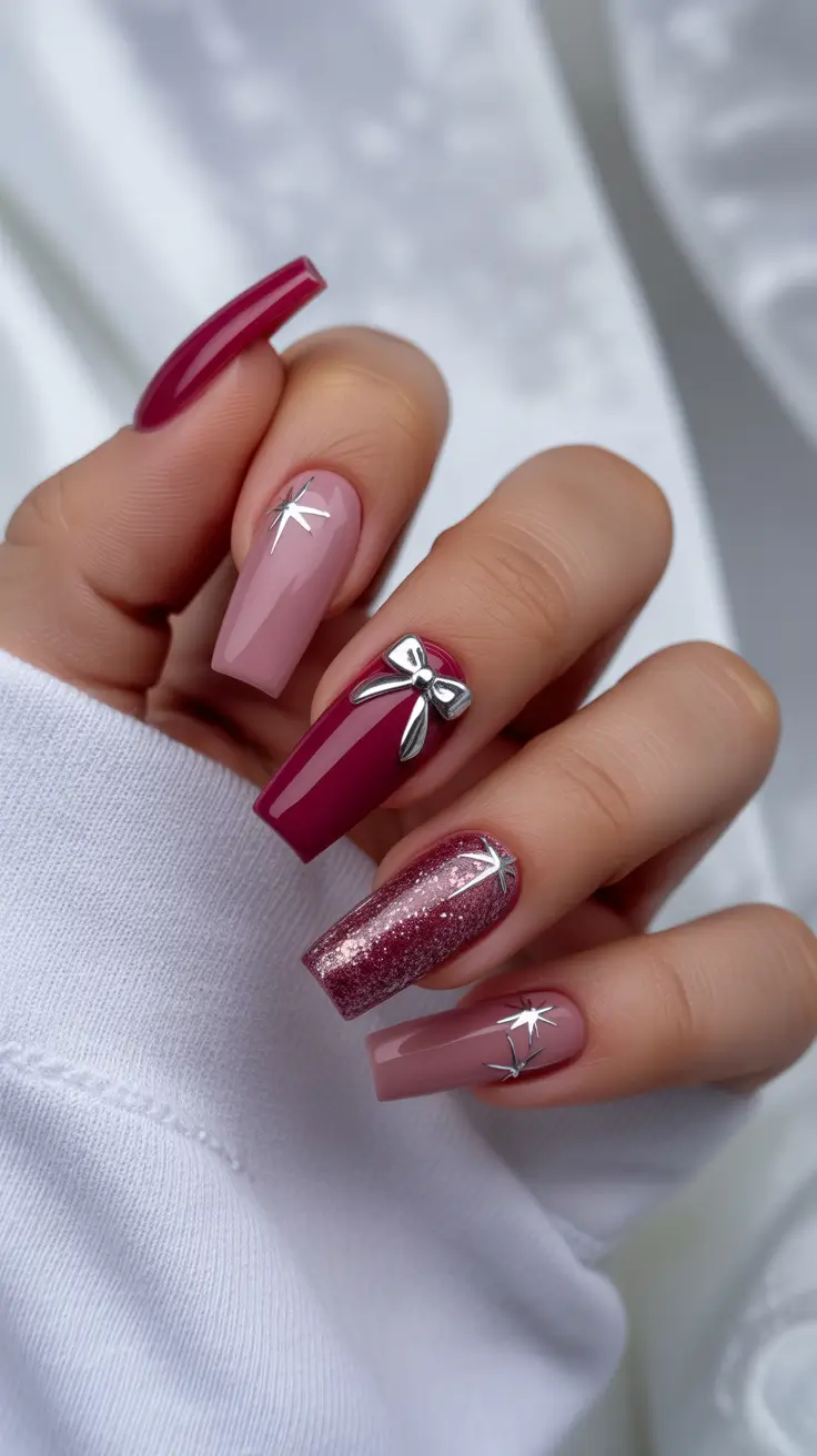 Classy Winter Nails 2025-2026 Glam Ruby Bow Accents