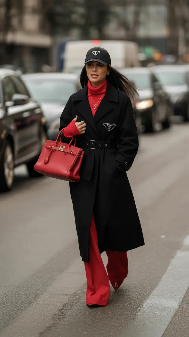 cold weather outfits 2026 Bold Red and Black for a Power Look