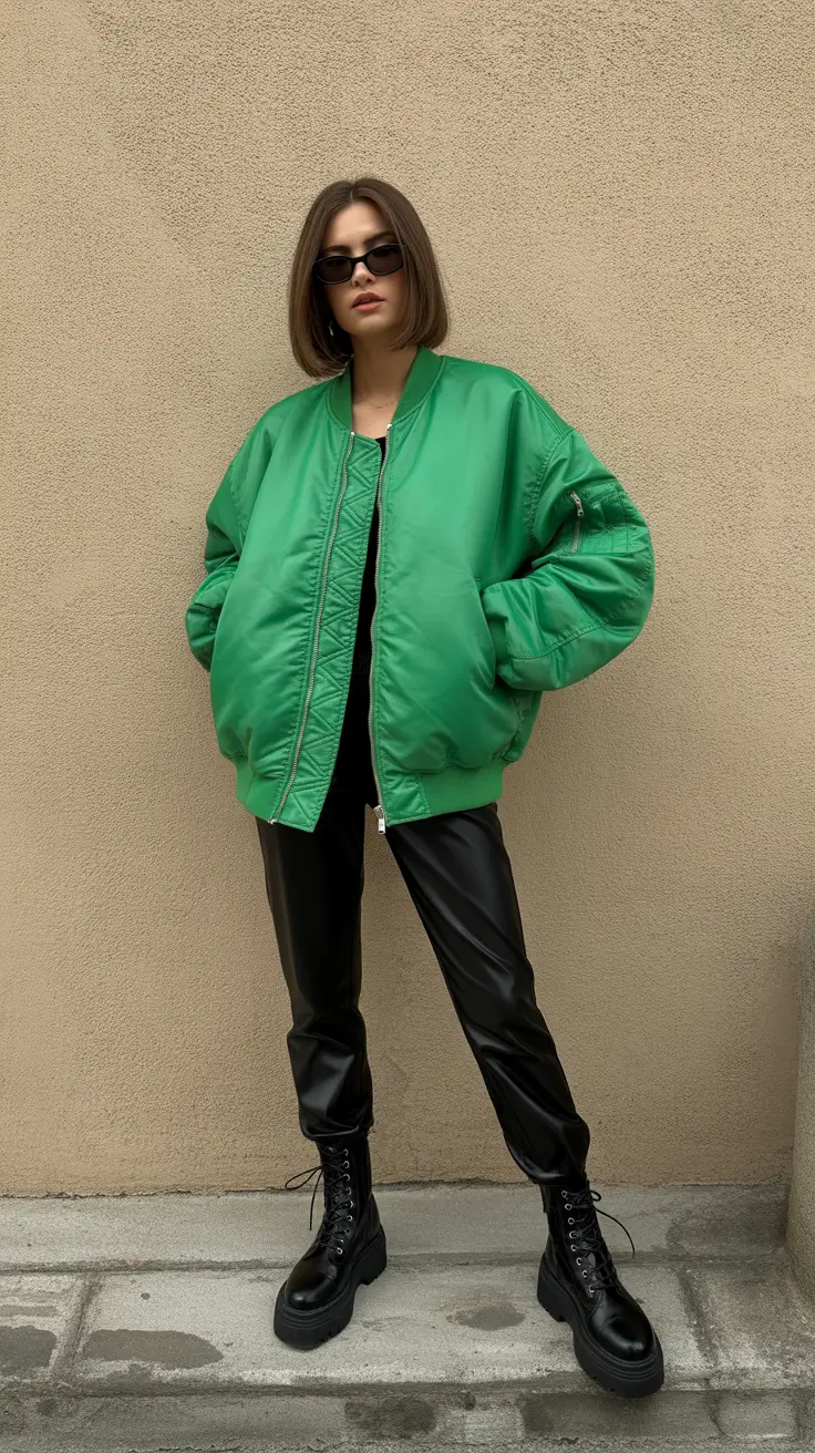 cold weather outfits 2026 Statement Green Bomber for the Bold Fashionistas
