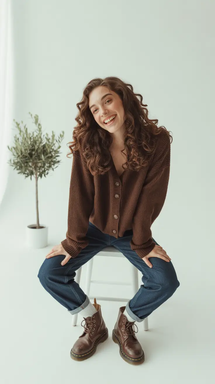 comfy winter outfits 2025-2026 Relaxed Cardigan and Boots