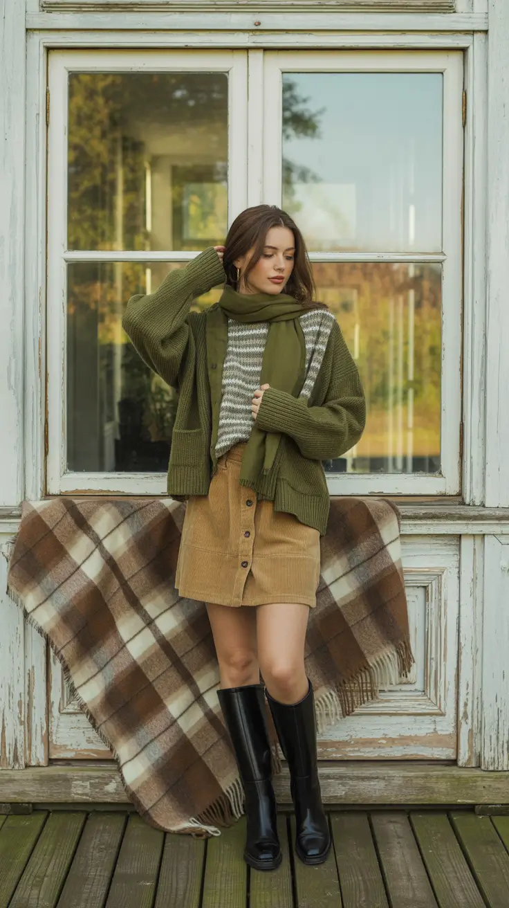 comfy winter outfits 2025-2026 Rustic Green and Corduroy Charm