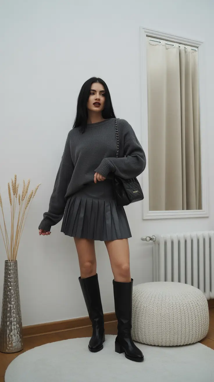 cozy winter outfits 2025-2026 monochrome skirt look
