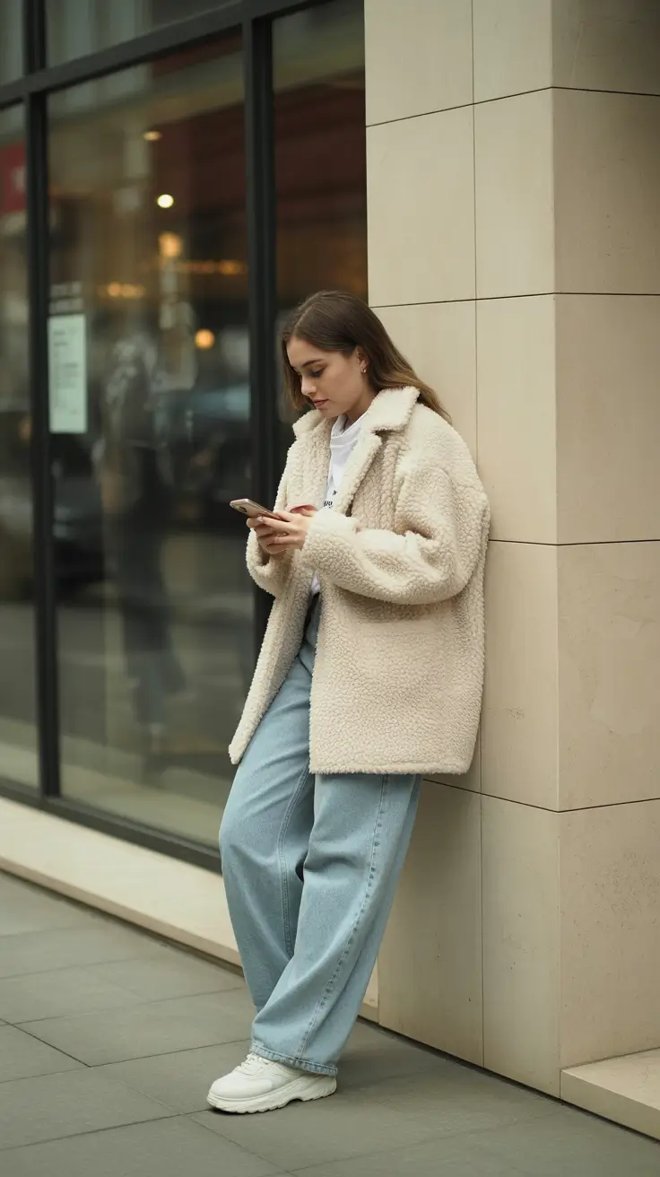 cozy winter outfits 2025-2026 denim teddy