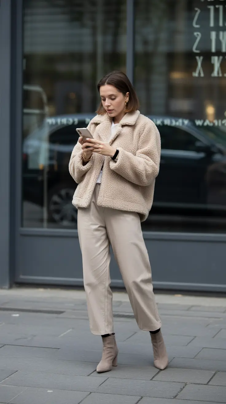 cozy winter outfits 2025-2026 teddy jacket