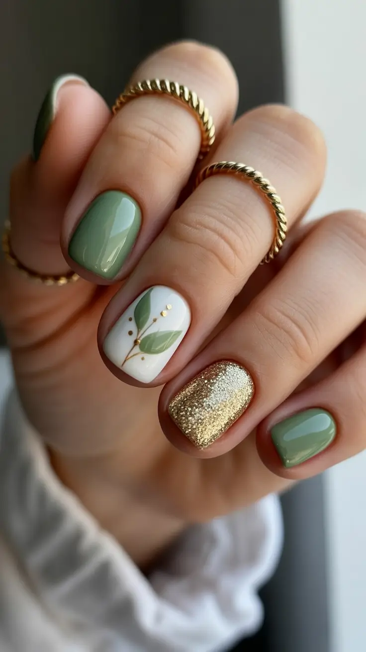 Fresh Cute Nail Inspiration Winter 2025–2026 Soft Green and Gold Glow