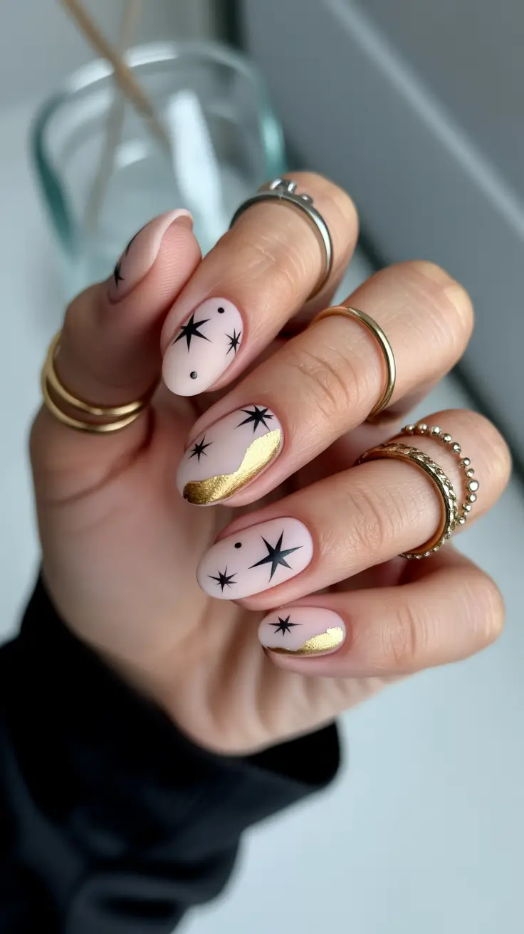 Fresh Cute Nail Inspiration Winter 2025–2026 Golden Night Sky
