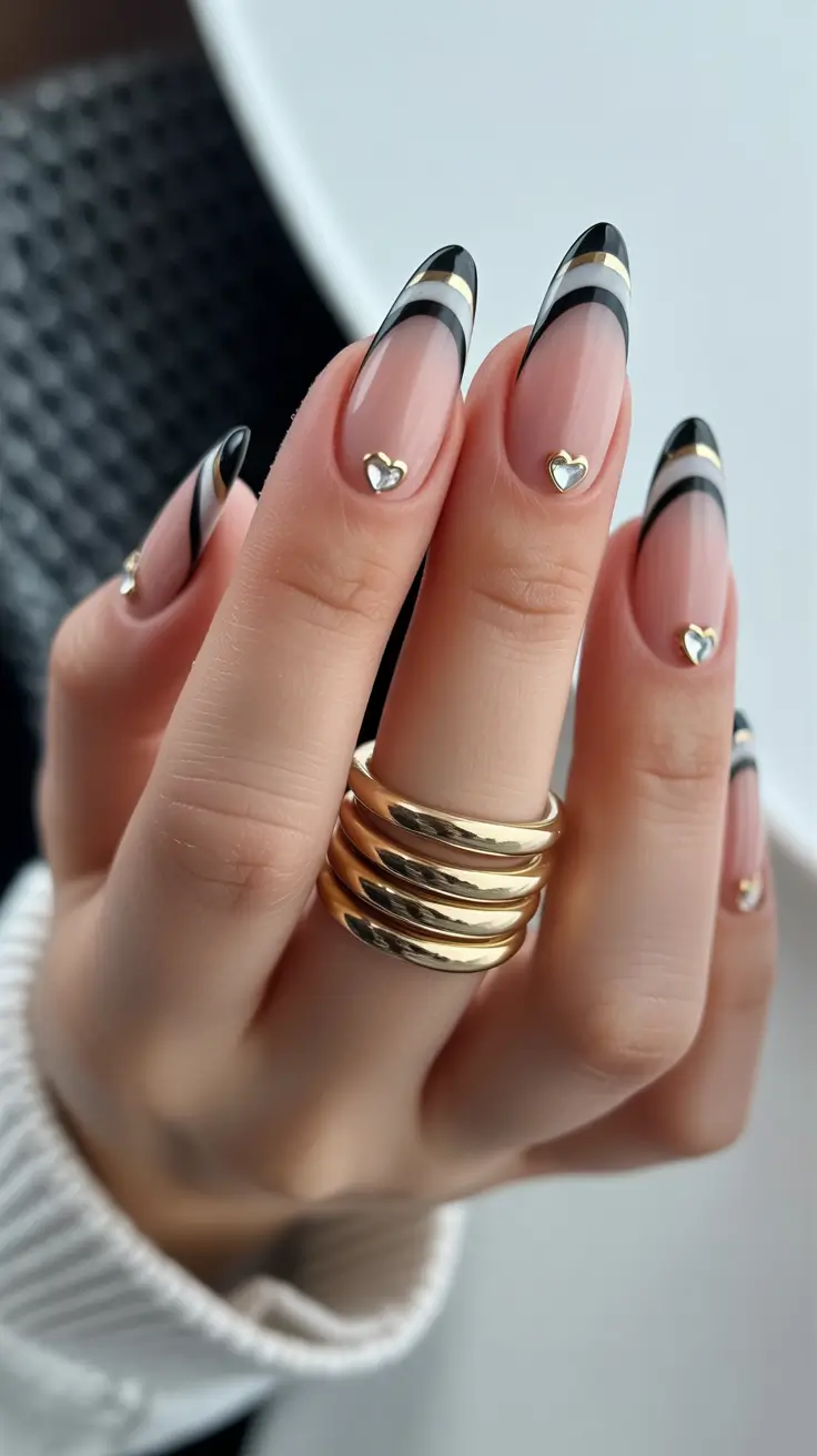 Fresh Cute Nail Inspiration Winter 2025–2026 Golden-Edged Noir French