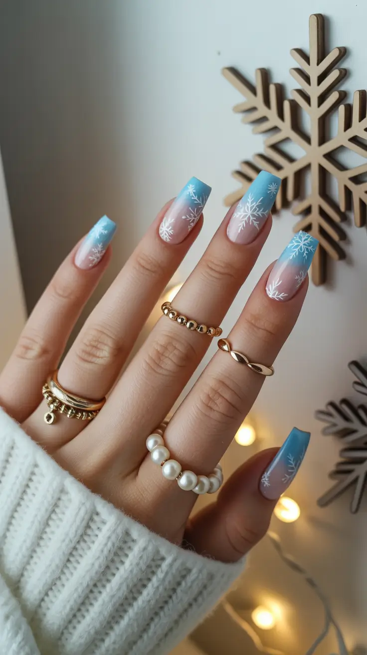 Fresh Cute Nail Inspiration Winter 2025–2026 Frosted Blue Snowflakes