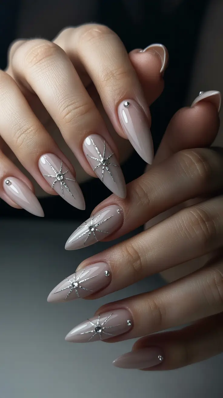 Fresh Cute Nail Inspiration Winter 2025–2026 Silver Starlit Nude