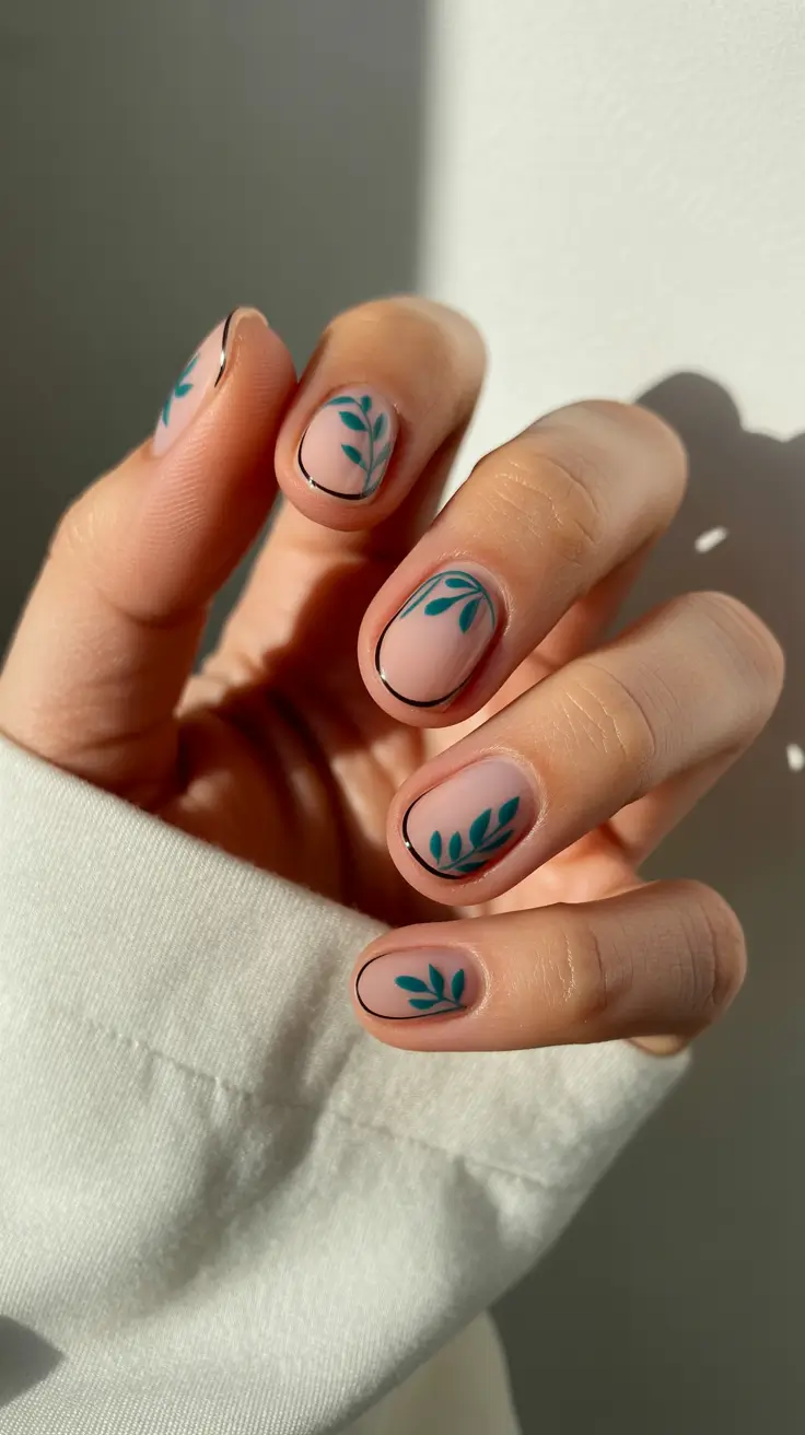 Fresh Cute Nail Inspiration Winter 2025–2026 Teal Leaf Outline