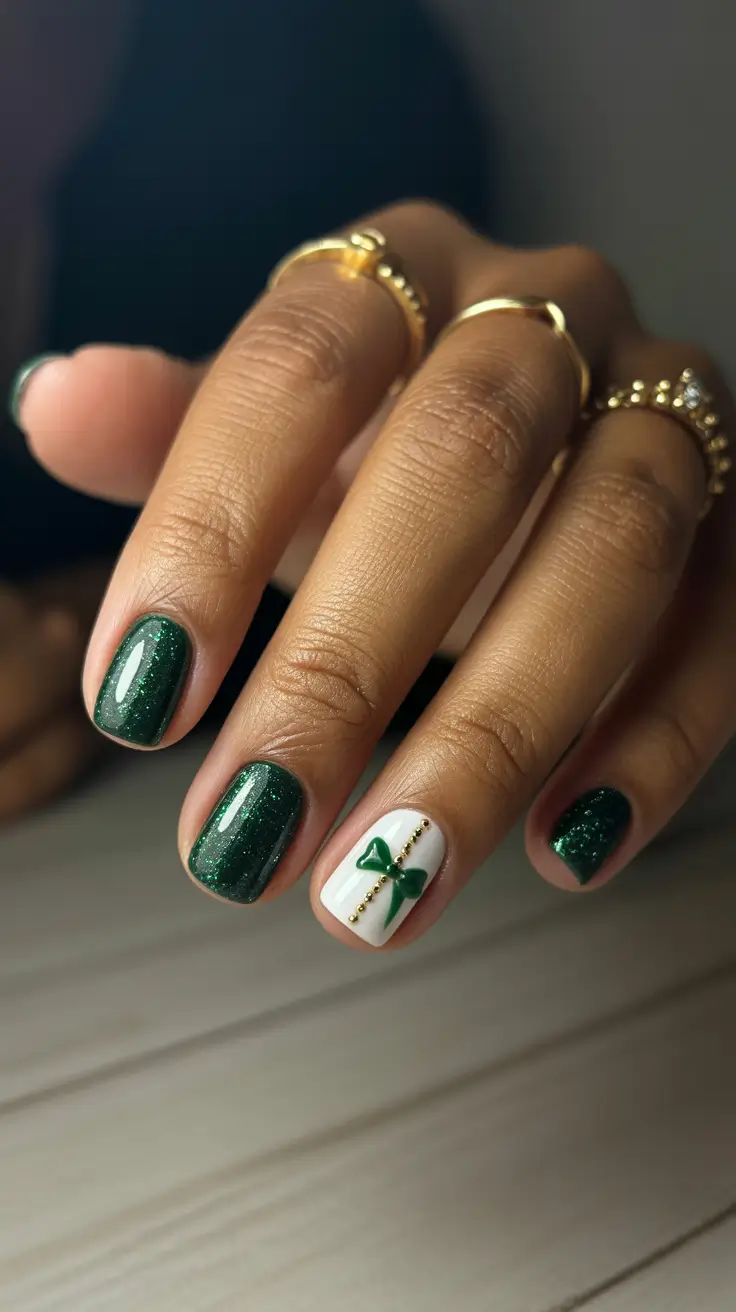 green winter nails ideas 2025-2026 gift-bow-delight
