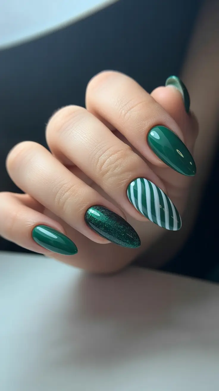 green winter nails ideas 2025-2026 striped-evergreen-candy