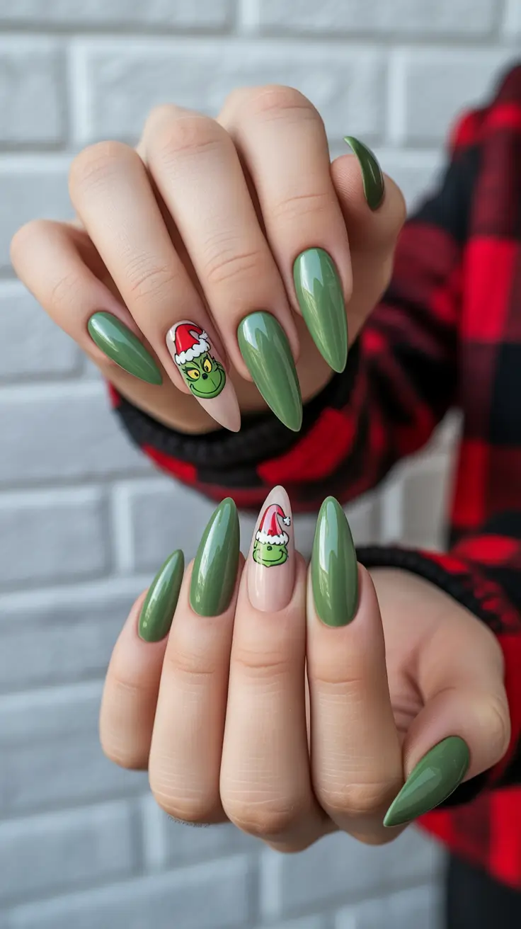 green-winter-nails-ideas-2025-2026 Mistletoe Mischief: Playful Olive Charm