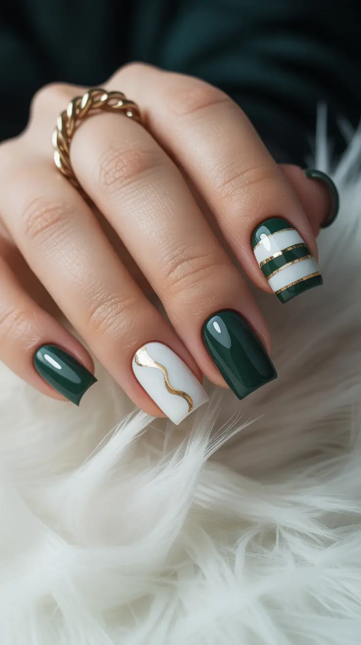 green winter nails ideas 2025-2026 striped-minimalism-in-evergreen