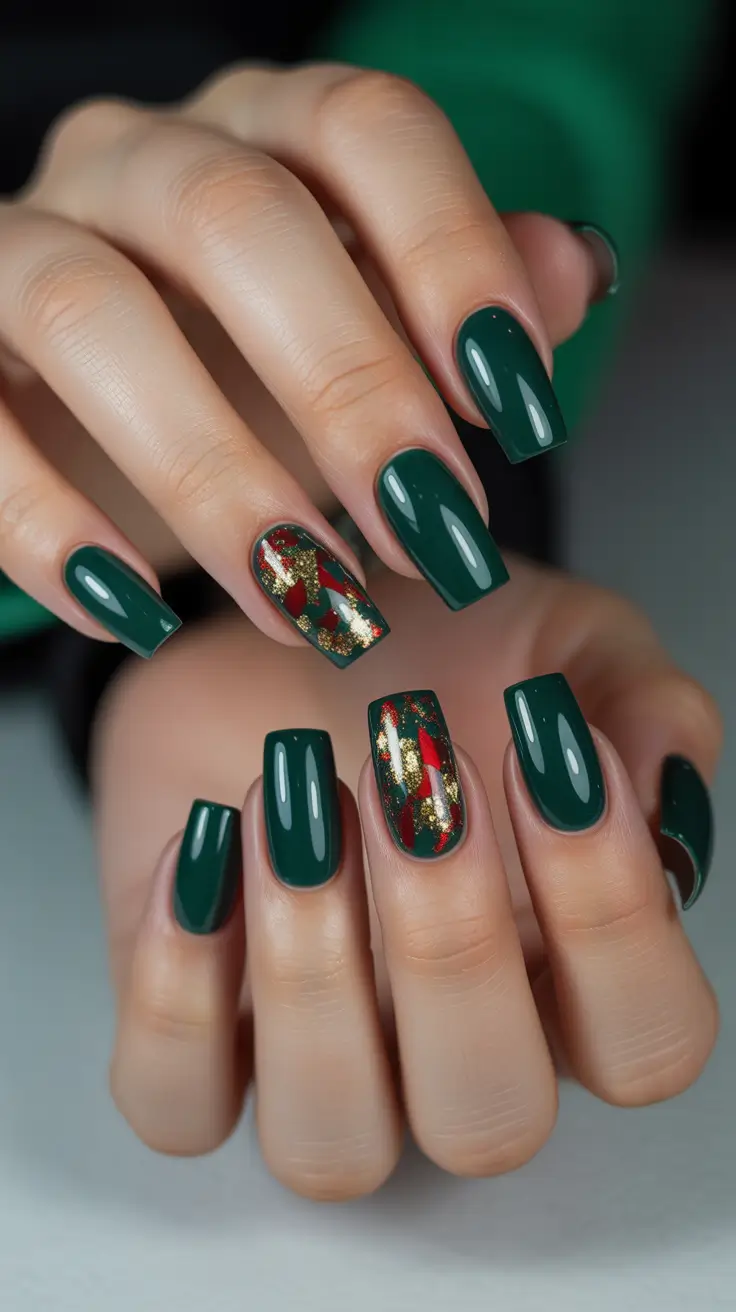 green winter nails ideas 2025-2026 red-and-gold-mosaic-glam
