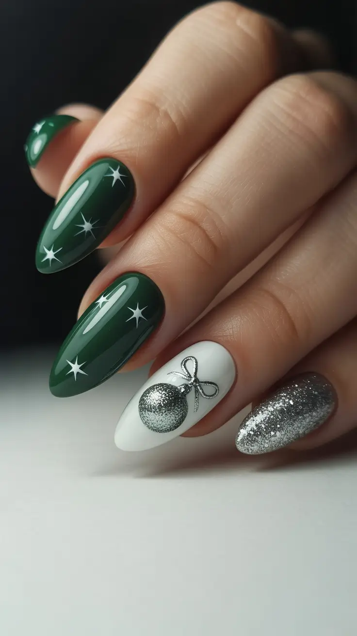 green winter nails ideas 2025-2026 silver-starry-charm