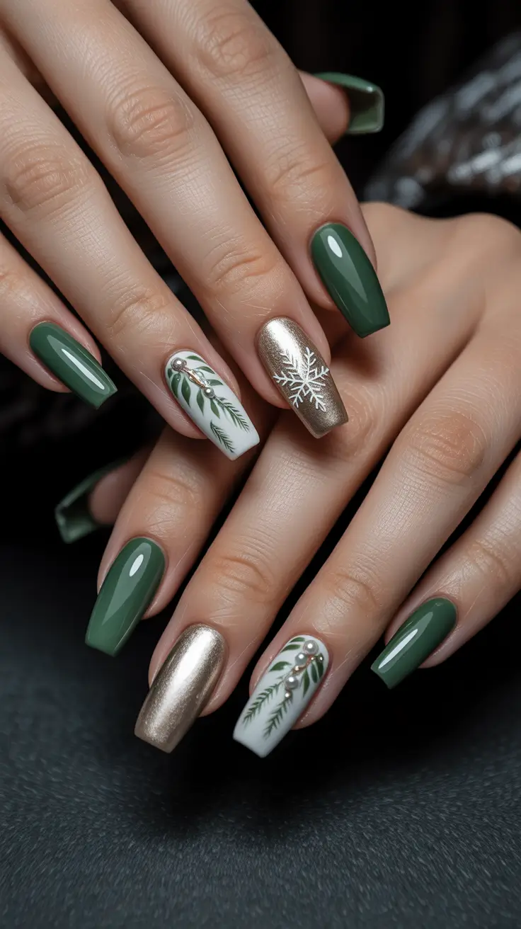 green winter nails ideas 2025-2026 frosted-pine-and-gold-harmony