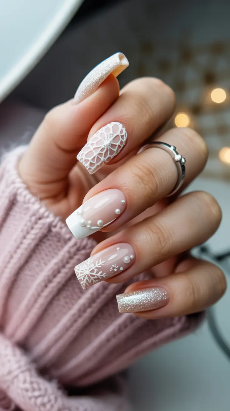 Modern Dip Winter Nails 2025–2026 Looks Frosted French with Lace and Pearls