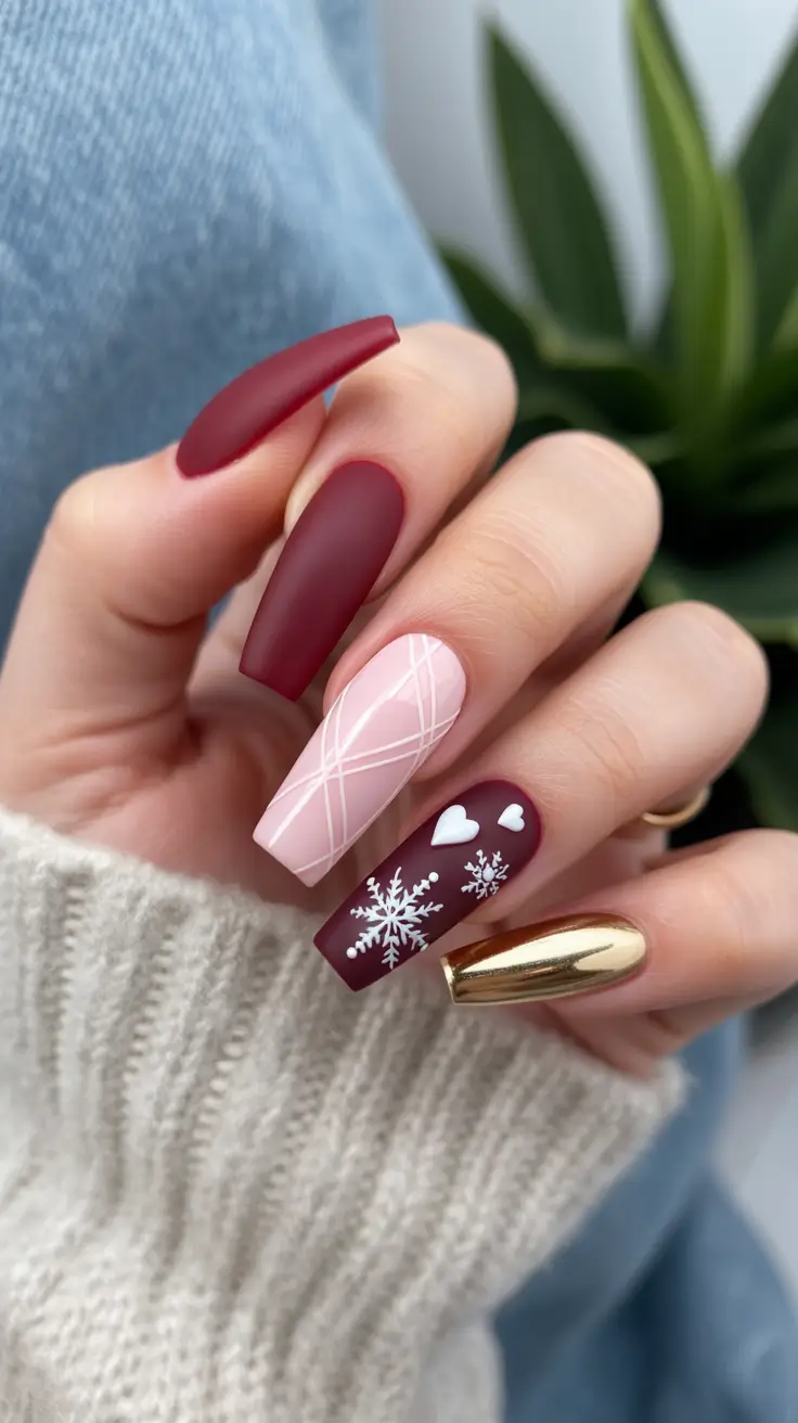 Modern Dip Winter Nails 2025–2026 Looks Velvet Burgundy & Gold Snowfall