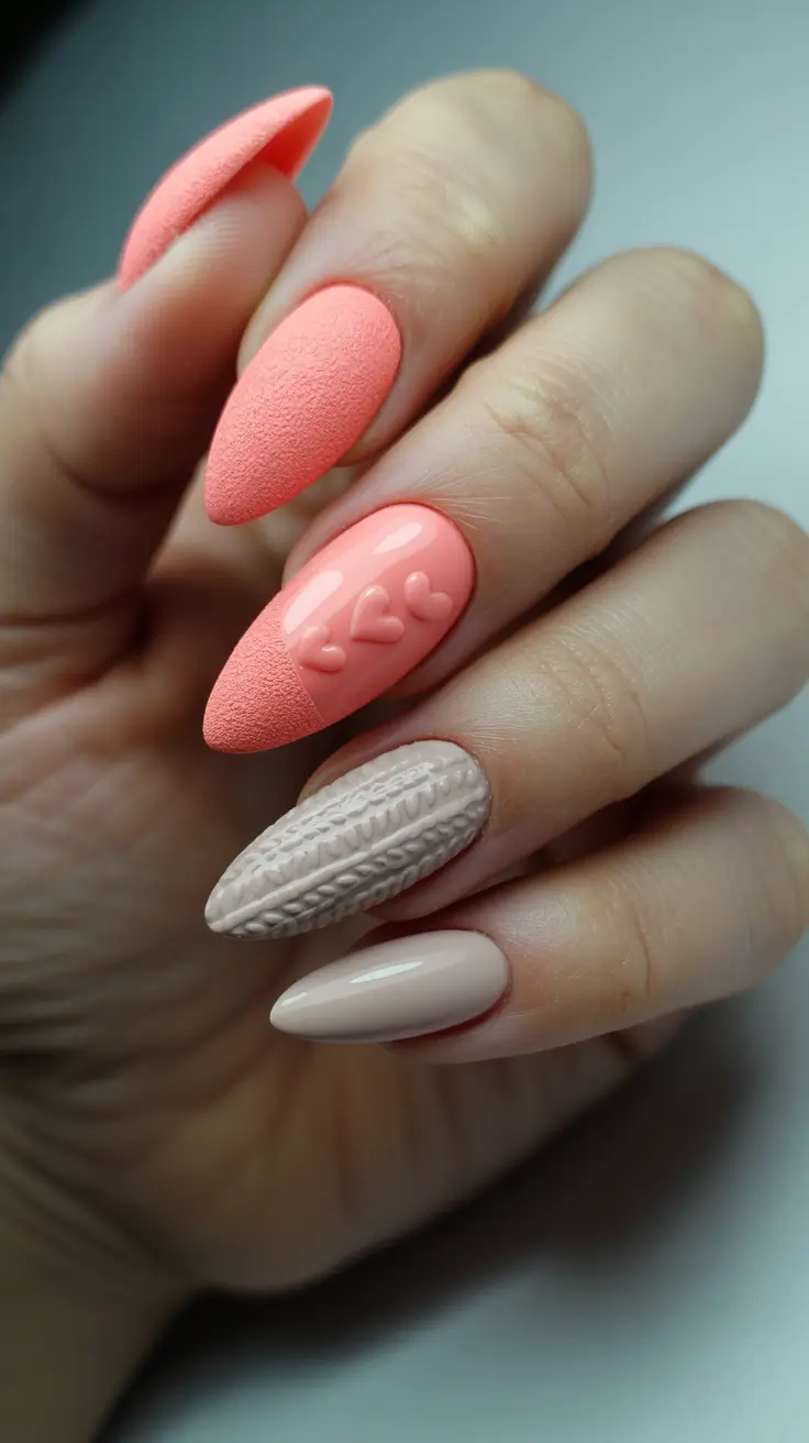 Modern Dip Winter Nails 2025–2026 Looks Coral Knit Hearts & Nude Contrast
