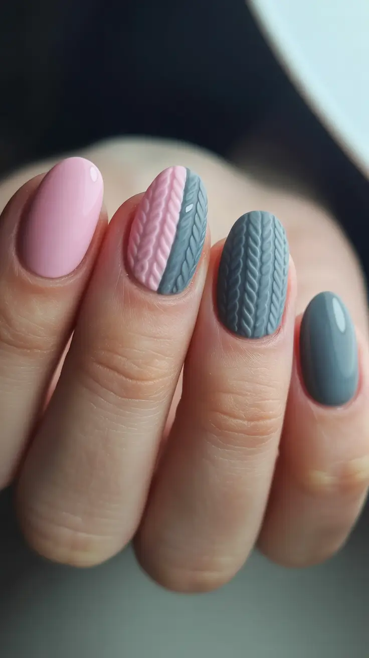 Modern Dip Winter Nails 2025-2026 Cozy Knits Textured Pink and Grey Comfort