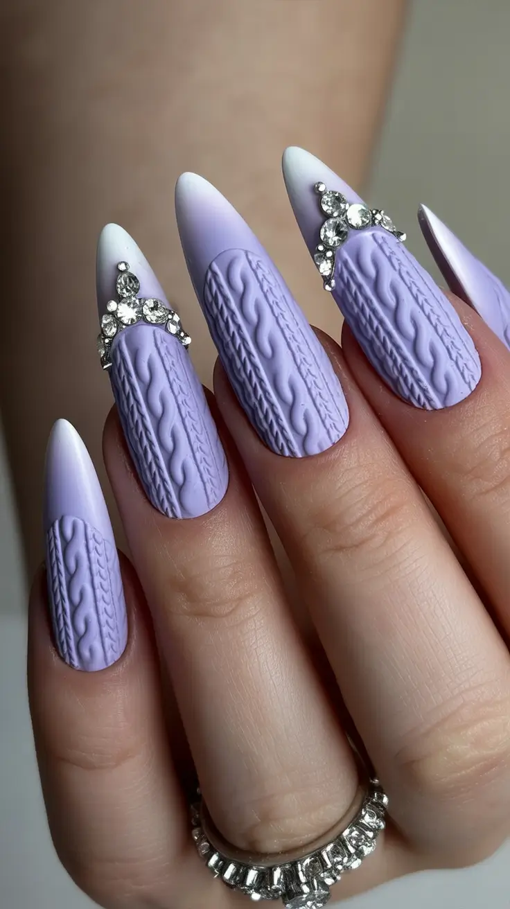 Modern Dip Winter Nails 2025–2026 Looks Lavender Knit Elegance with Crystal Tips