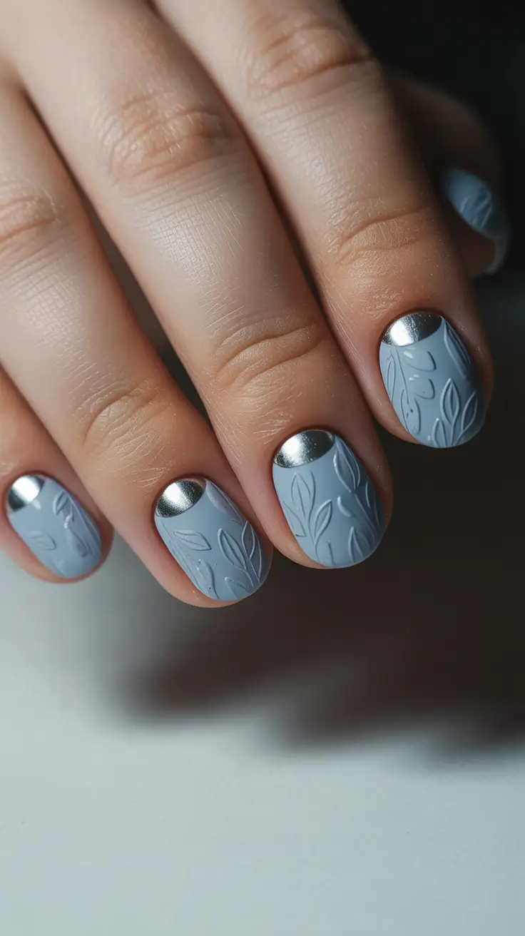 Modern Dip Winter Nails 2025-2026 Frosted Silver Half-Moon Metallic Bloom