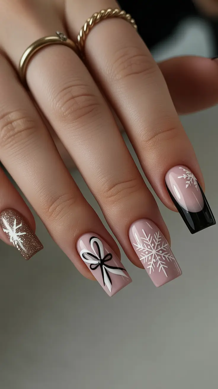 modern pink nails for winter 2025-2026 Golden Snowflakes and Black-Tipped Magic